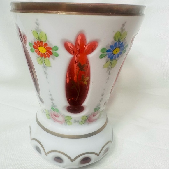 VTG Bohemian Czech Cut to Cranberry Flash Glass Vase Hand Painted Floral MCM - Picture 1 of 4